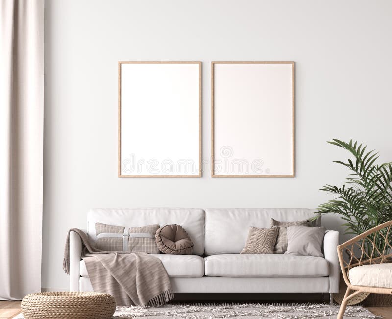Frame mockup in een woonkamer met twee houten frames in het scandinavische binnenland