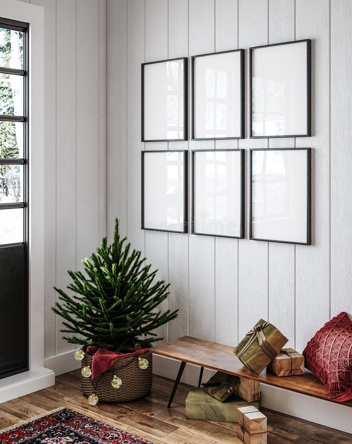 Frame mockup at home, farmhouse hallway interior decorated for Christmas