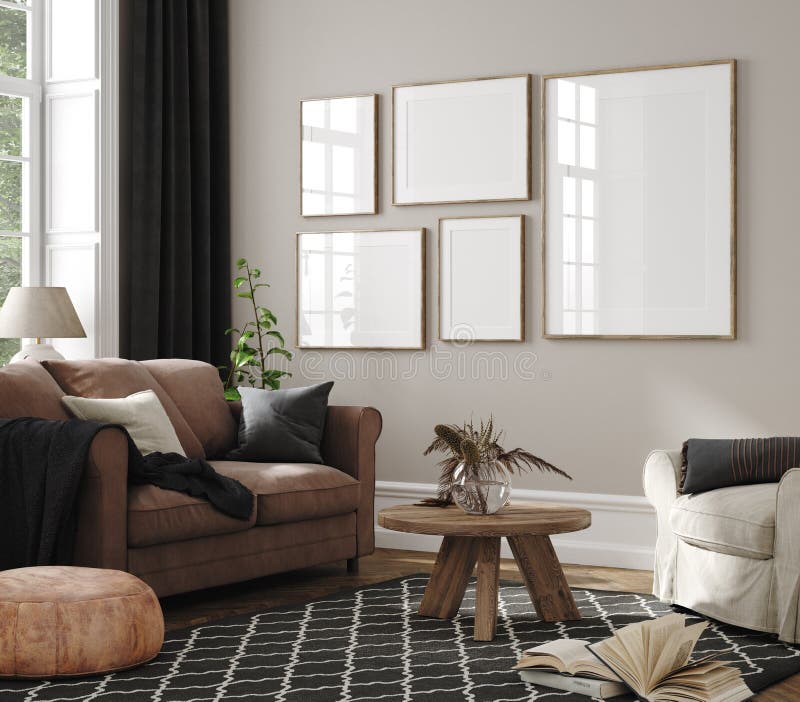 Frame mockup in home interior, living room in neutral colors with sofa, armchair and dry flower on table, 3d render