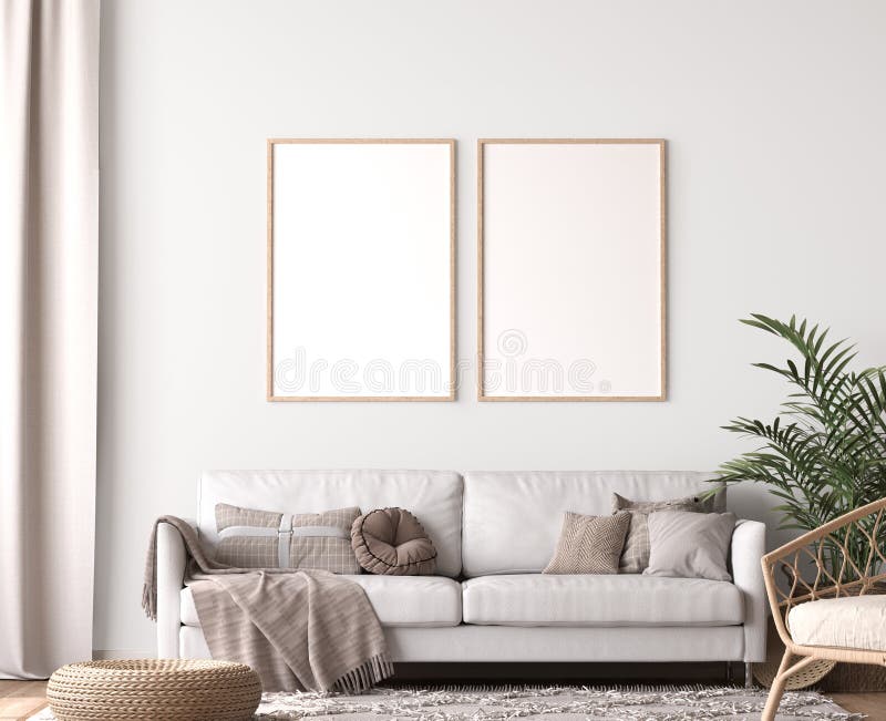 Frame mockup in living room design, two wooden frames in Scandinavian interior