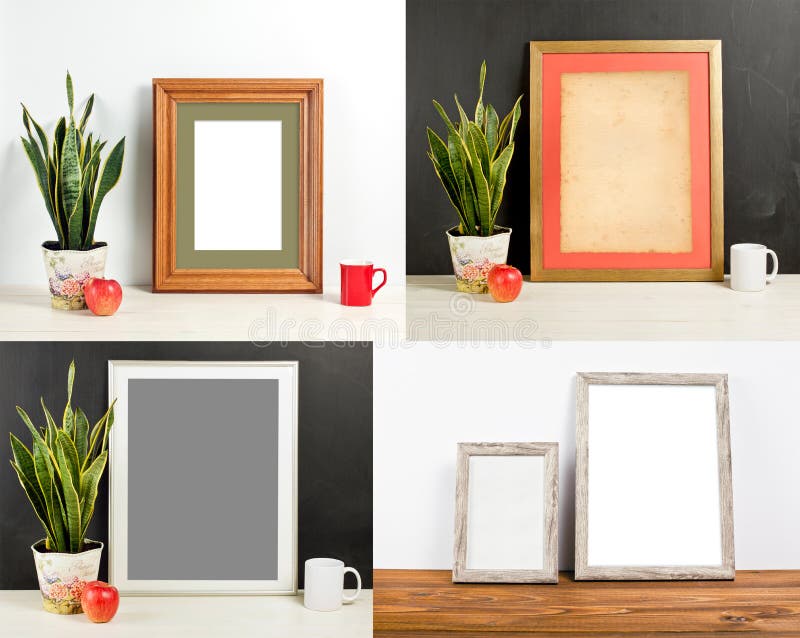 Download Frame Mockup With Plant Pot, Apple And Mug Stock Photo ...