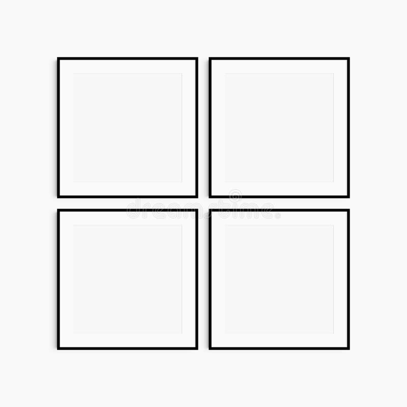 Frame mockup 1:1 square. Set of four thin black square frames. Clean, modern, minimalist, bright gallery wall mockup, set of 4 stock image