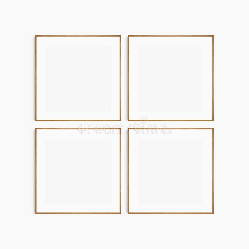 Frame mockup 1:1 square. Set of four thin cherry wood frames. Clean, modern, minimalist, bright gallery wall mockup, set of 4 royalty free stock photos