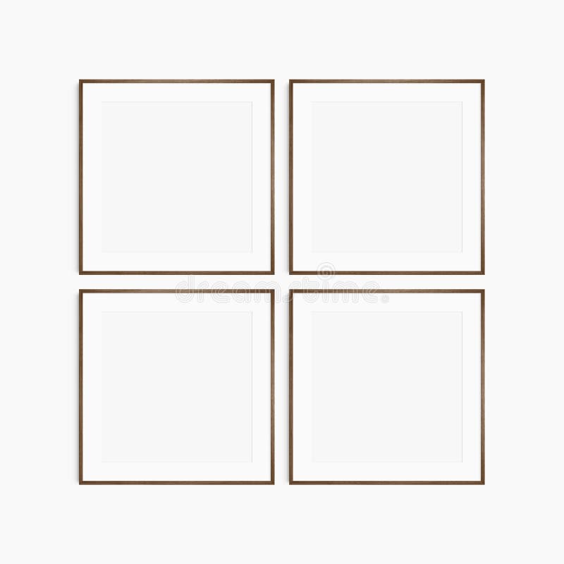 Frame mockup 1:1 square. Set of four thin dark walnut wood frames. Clean, modern, minimalist, bright gallery wall mockup, set of 4 royalty free stock photography