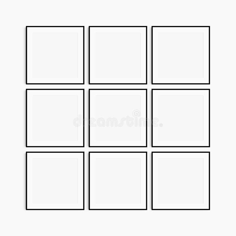 Frame mockup 1:1 square. Set of nine thin black square frames. Clean, modern, minimalist, bright gallery wall mockup, set of 9 stock images
