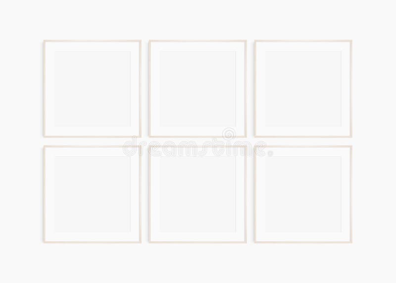 Frame mockup 1:1 square. Set of six thin light wood frames. Clean, modern, minimalist, bright gallery wall mockup, set of 6 square royalty free stock photography