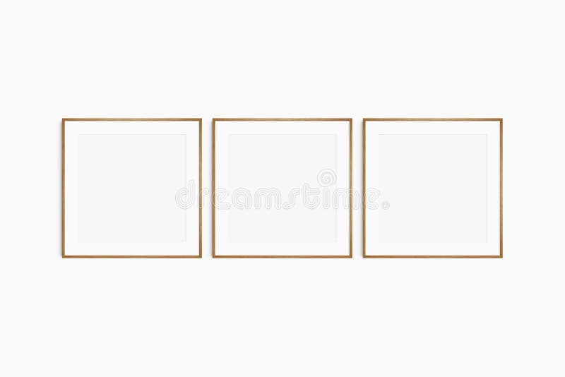 Frame mockup 1:1 square. Set of three thin cherry wood frames. Clean, modern, minimalist, bright gallery wall mockup, set of 3 stock photography