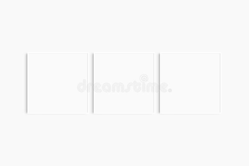 Frame mockup 1:1 square. Set of three thin white square frames. Clean, modern, minimalist, bright gallery wall mockup, set of 3 stock image