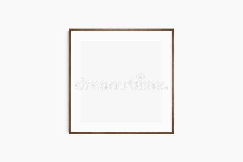 Frame mockup 1:1 square. Single thin dark brown walnut wood frame mockup. Clean, modern, minimalist, bright. Square frame mockup stock photography