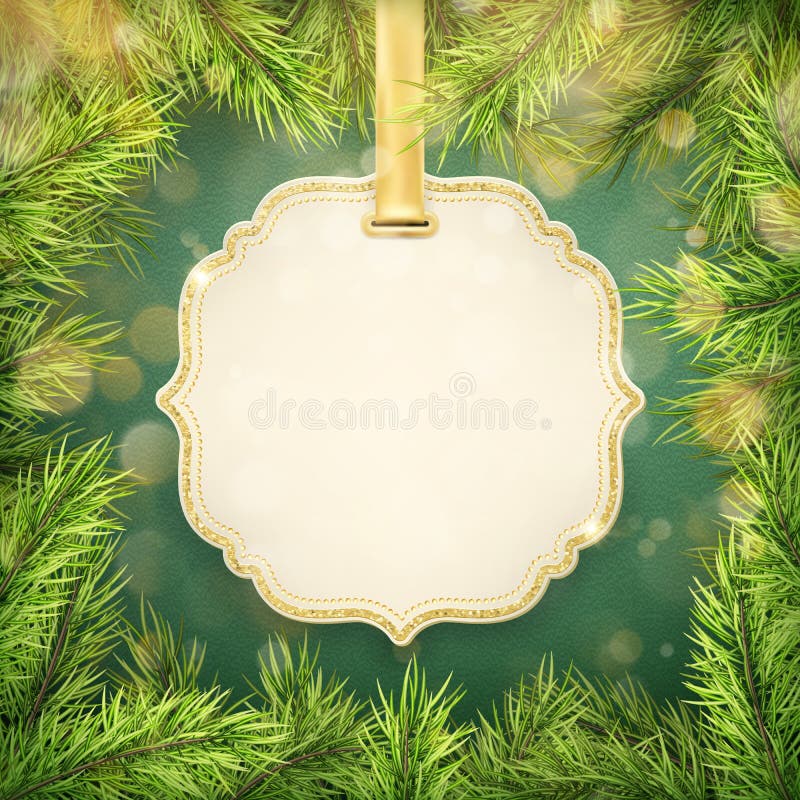 Frame realistico dettagliato di Natale con lo spazio dell'etichetta e dell'abete per testo ENV 10 illustrazione di stock Frame realistico dettagliato di Natale con lo spazio dell'etichetta e dell'abete per testo ENV 10 illustrazione di stock