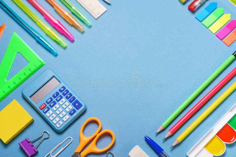 Frame with school supplies on a white background. Flat dip, top view. stock images