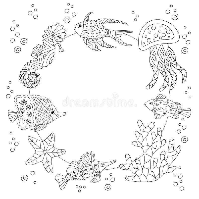 Download Frame With Sea Fish Coloring Page Stock Illustration Illustration Of Drawn Nature 152998516