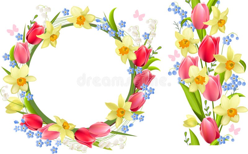 Frame and seamless border with spring flowers stock illustration