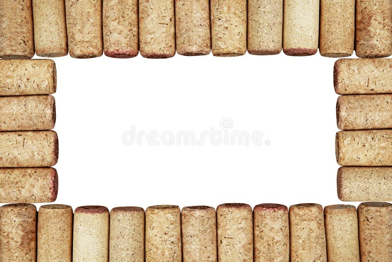 Frame of set from the collection of many different vintage wine corks isolated on a white background royalty free stock photo