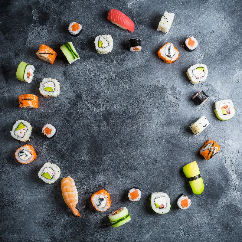 Frame with set of Japanese food on dark background. Sushi rolls, nigiri, raw salmon steak, rice and avocado. Flat lay. Top view stock photo Frame with set of Japanese food on dark background. Sushi rolls, nigiri, raw salmon steak, rice and avocado. Flat lay. Top view stock photo