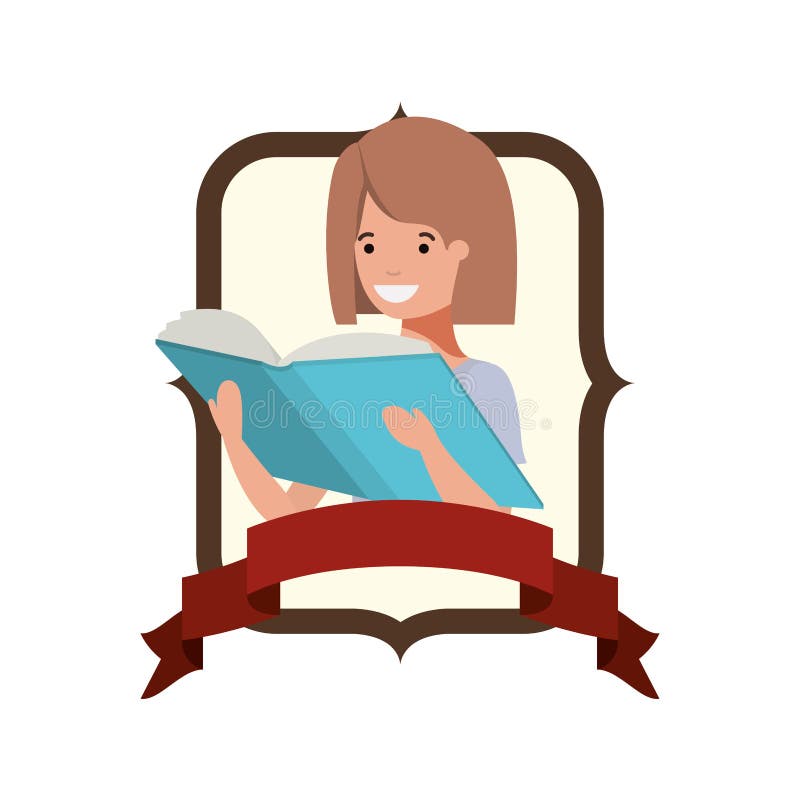 Frame with student girl and reading book vector illustration