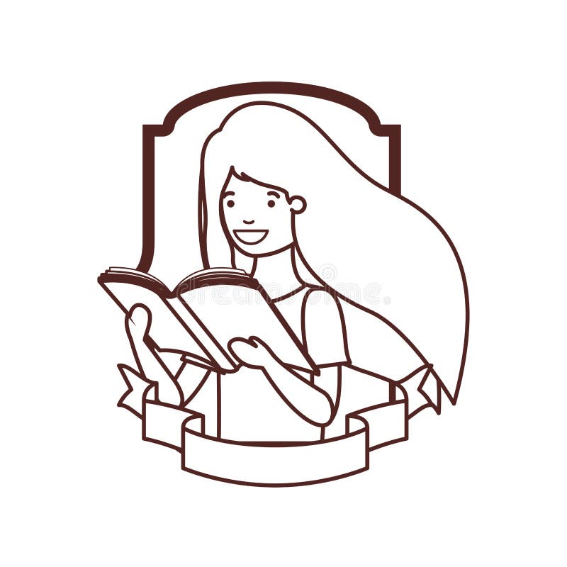 Frame with student girl and reading book vector illustration
