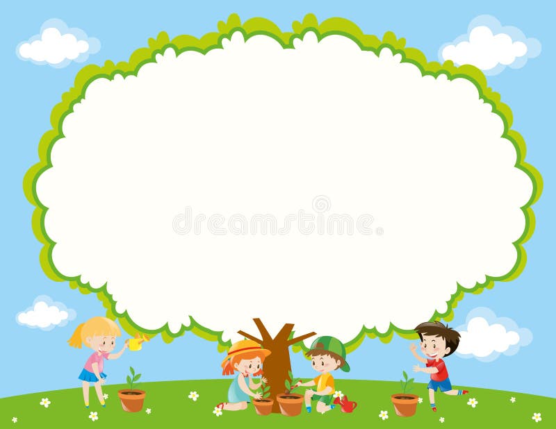 Frame Template With Kids Planting Tree In Garden Stock ...
