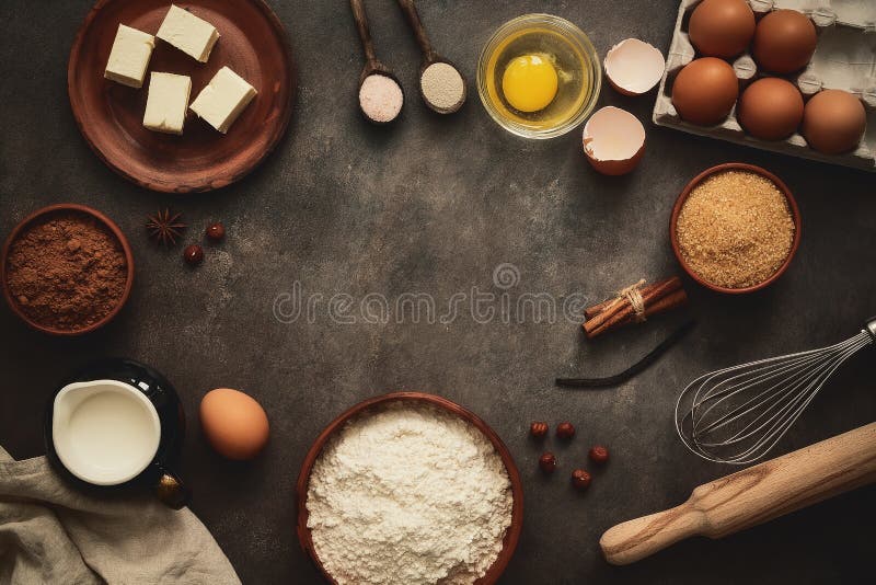 Frame of various baking ingredients on a dark vintage background. A variety of products for making chocolate cake, cookies