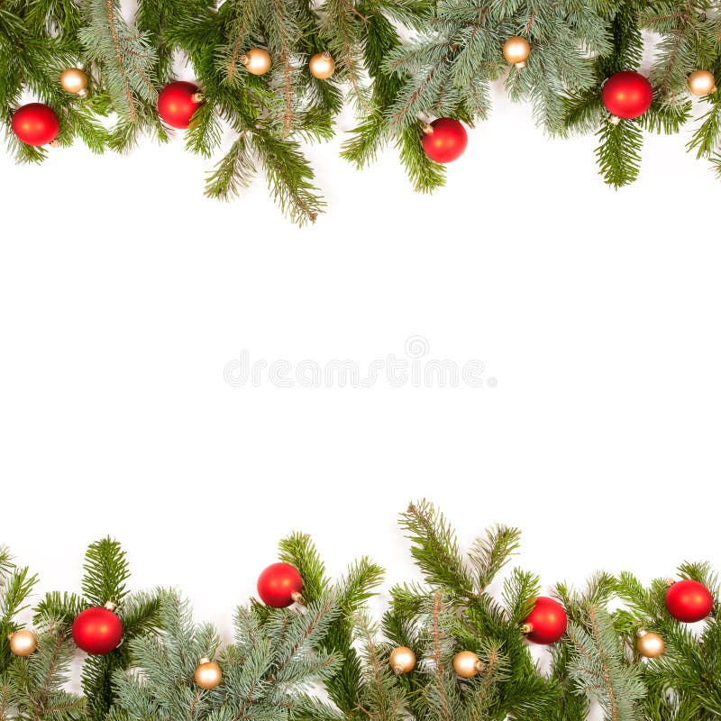 Frame verde do galho do abeto com esferas do Natal