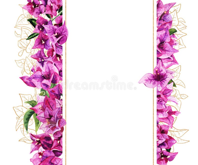 Frame with watercolor and golden bougainvillea flowers