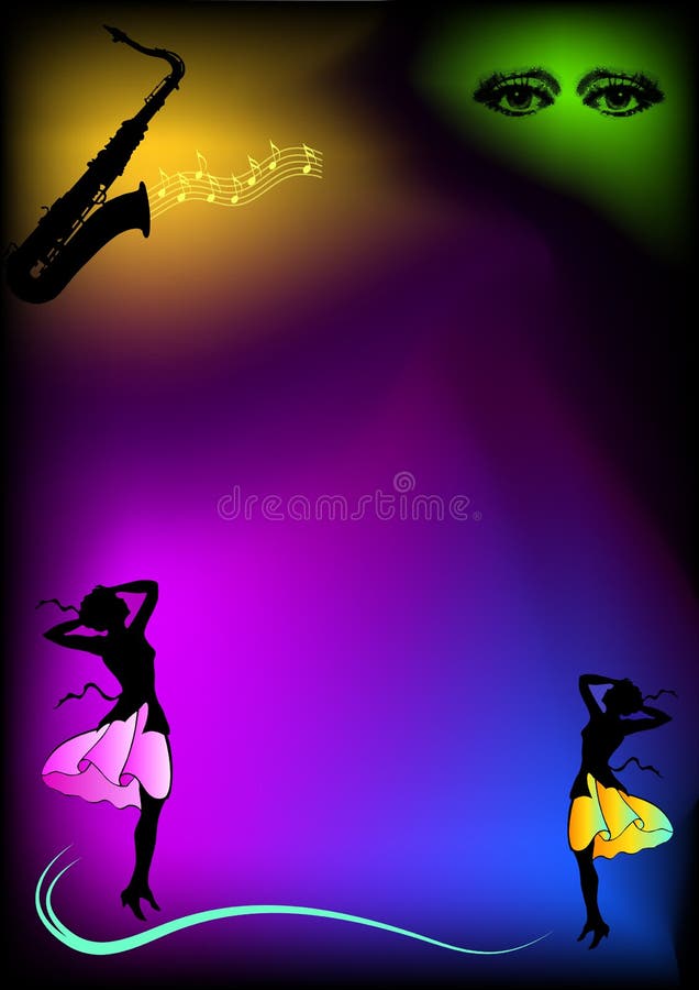 Colorful frame with multicolored gradients, two women in the bottom and a saxophon and a pair of eyes in the top. Available as Illustrator-file. Colorful frame with multicolored gradients, two women in the bottom and a saxophon and a pair of eyes in the top. Available as Illustrator-file