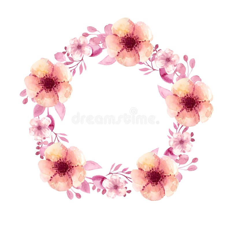 Frame wreath with flowers of cherry, apple, almond, sakura.Watercolor drawing by hand. Pink watercolor flowers, and twigs