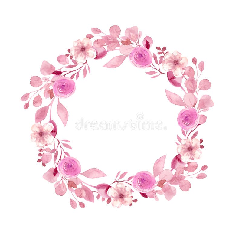 Frame wreath with flowers of cherry, apple, almond, sakura.Watercolor drawing by hand. Pink watercolor flowers, and twigs