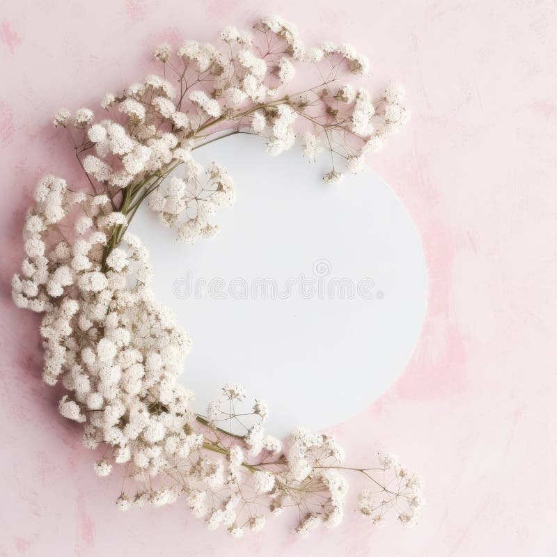 Frame wreath made of of small white flowers on pastel background. gypsophila,Happy Women\ s Day, Wedding,Easter,copy space