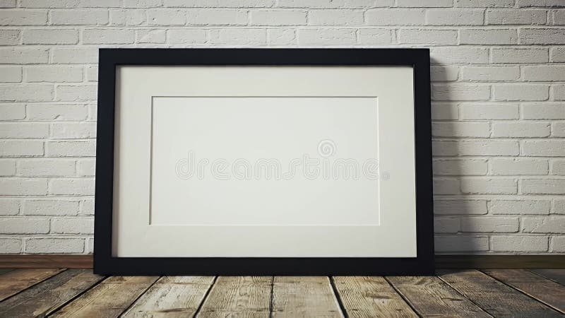Framed Empty White Canvas Mat Frame Leaning Against White Brick Wall royalty free illustration
