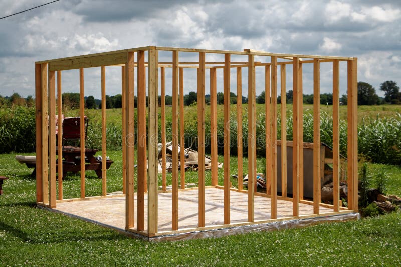 A shed being built with concrete foundation