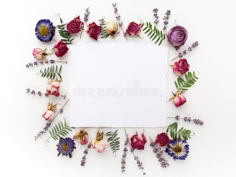 Framework with dry flowers on white background. Flat lay, overhead view