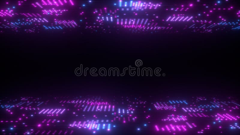 Framför bakgrund för abstrakt konst 3d, cirklar och prickar på den svart-, retrowave- och synthwaveillustrationen stock illustrationer