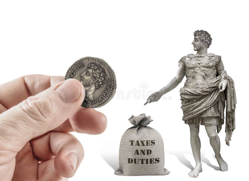 Hand offering Caesar statue a coin with his image for taxes. Hand offering Caesar statue a coin with his image for taxes.