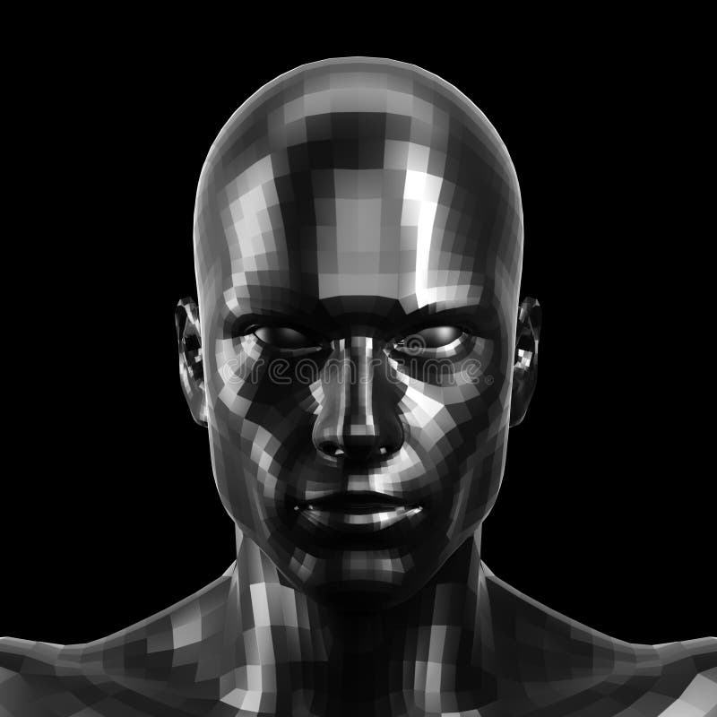Framförande 3d Fasetterad svart robotframsida med blåtiror som ser främre på kamera vektor illustrationer