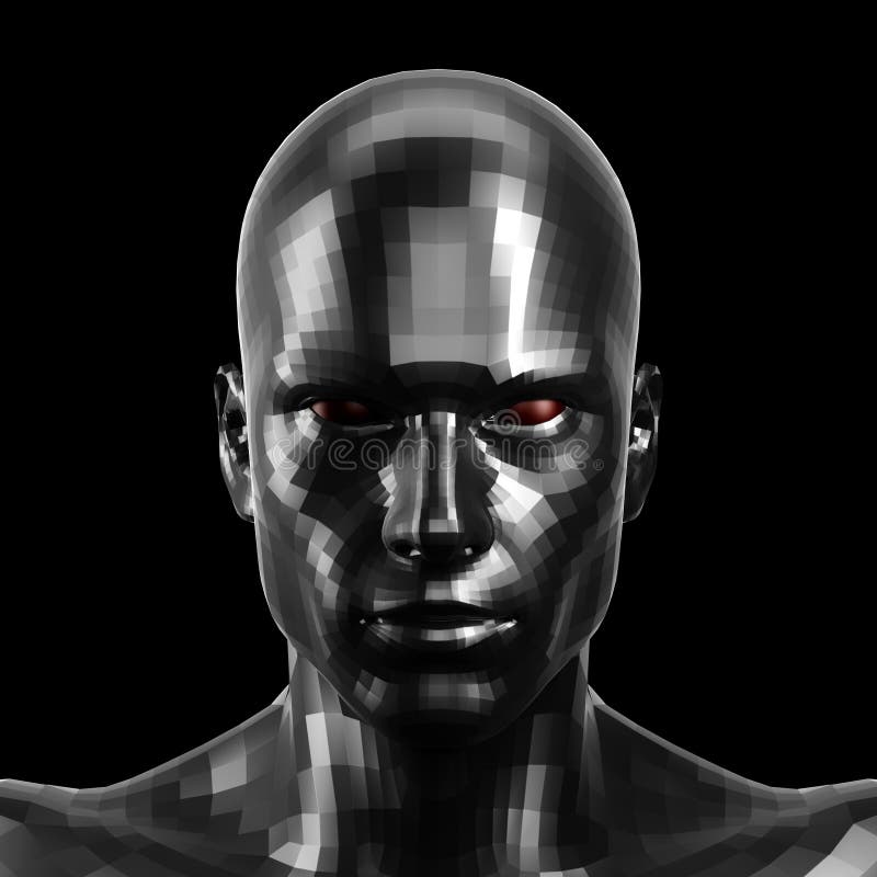 Framförande 3d Fasetterad svart robotframsida med röda ögon som ser främre på kamera stock illustrationer