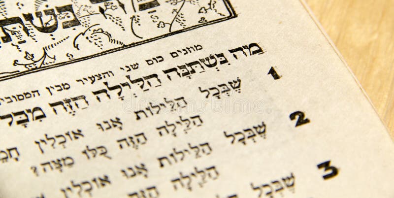 Closeup of Hebrew text in traditional vintage Passover haggadah What makes this night different from all [other] nights?.Judaica Related. Closeup of Hebrew text in traditional vintage Passover haggadah What makes this night different from all [other] nights?.Judaica Related