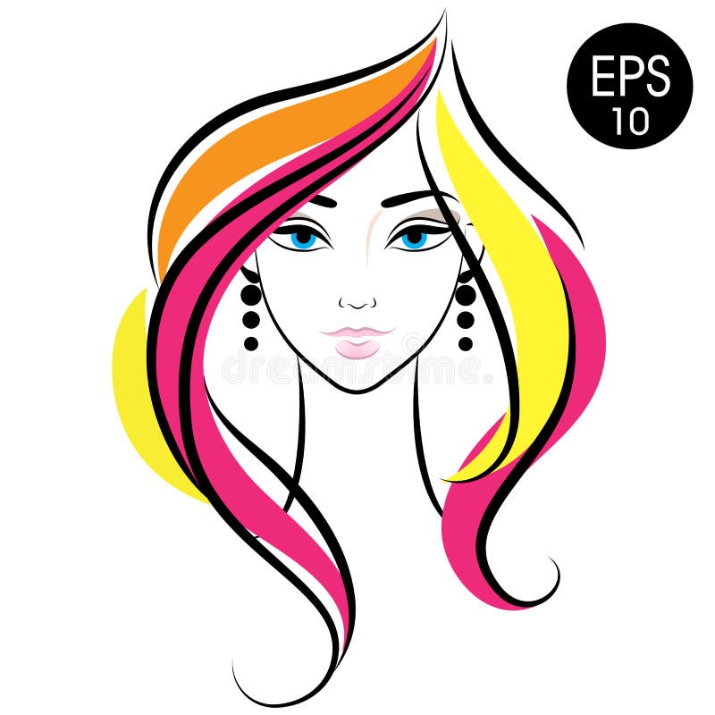 Vector Stock Woman Face. Beauty Girl Portrait with Colorful hair for your design. Vector Stock Woman Face. Beauty Girl Portrait with Colorful hair for your design