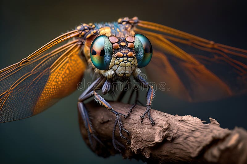 Framsidan av dragonfly på en gren mycket nära. makroformat. generativ ai royaltyfri illustrationer