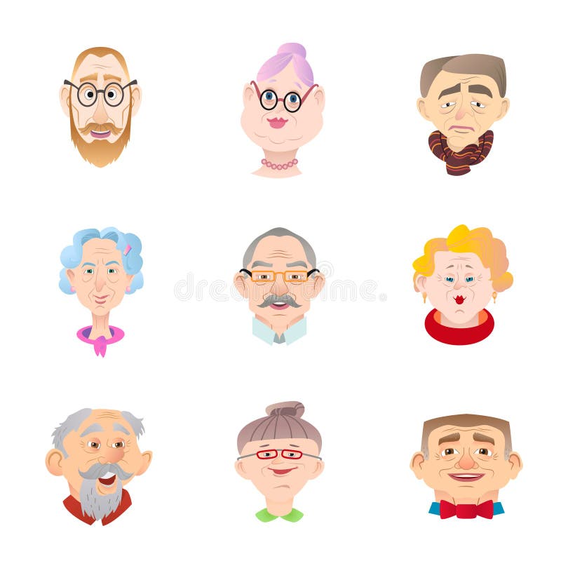 Framsidan av symboler för äldre folk ställde in i plan stil Head sänka för pensionär vektor illustrationer Framsidan av symboler för äldre folk ställde in i plan stil Head sänka för pensionär vektor illustrationer