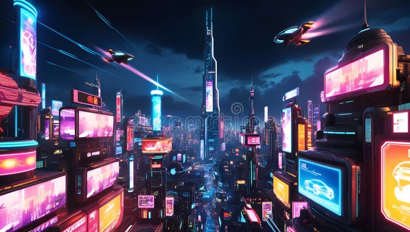Framtida cyberpunk-stad som lyfts upp av pulserande neonljus och flygande fordon. stock illustrationer