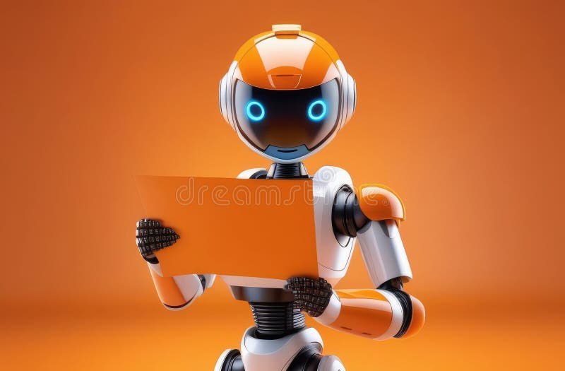 Framtida, humana robotar som hjälper till med framtida postteknik. pappersark för android förvaring royaltyfri foto