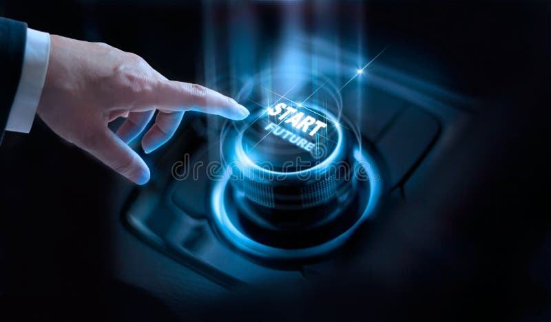 Businessman press start future button with virtual light in dark background. Businessman press start future button with virtual light in dark background