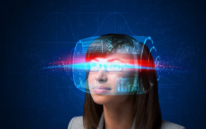 Framtida kvinna med tekniskt avancerade smarta exponeringsglas fotografering för bildbyråer Framtida kvinna med tekniskt avancerade smarta exponeringsglas fotografering för bildbyråer