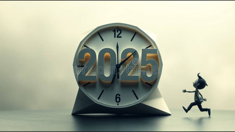 Framtida nedräkning till 2025 med animerade tecken genererade. En stor klocka visar 2025 i stället för tal med animerade tecken som löper mot den. klockan är 10 10.