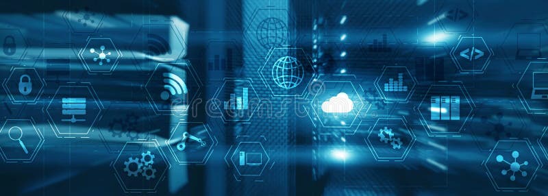 Framtida serverrum för trådlös datoranvändning Industriteknikbegrepp Virtuell skärm med blandat media royaltyfria foton