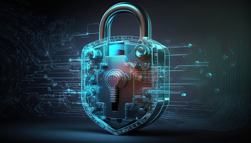 Framtida skydd av tekniska data: cybersäkerhet, skydd av padlock, generativ vektor illustrationer
