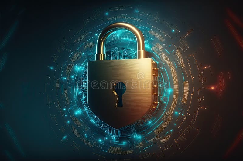 Framtida skydd av tekniska data: cybersäkerhet, skydd av padlock, generativ stock illustrationer