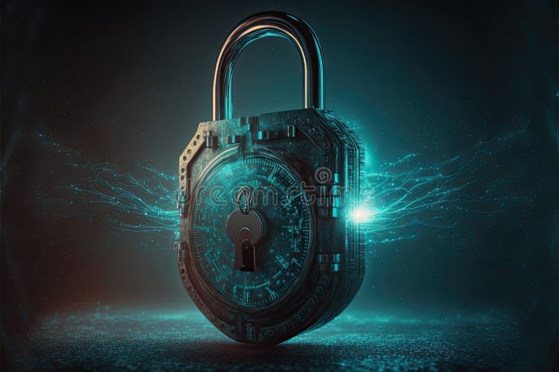 Framtida skydd av tekniska data: cybersäkerhet, skydd av padlock, generativ stock illustrationer
