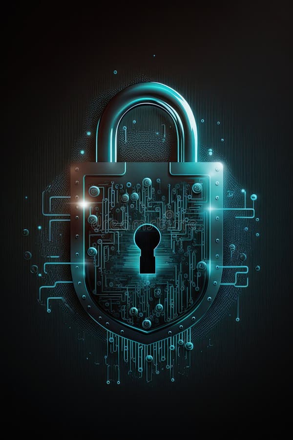 Framtida skydd av tekniska data: cybersäkerhet, skydd av padlock, generativ royaltyfri illustrationer